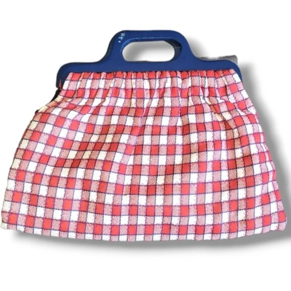 Vintage Cottagecore Gingham Wood Handle Clutch Purse Fabric Bag Plaid Patriotic